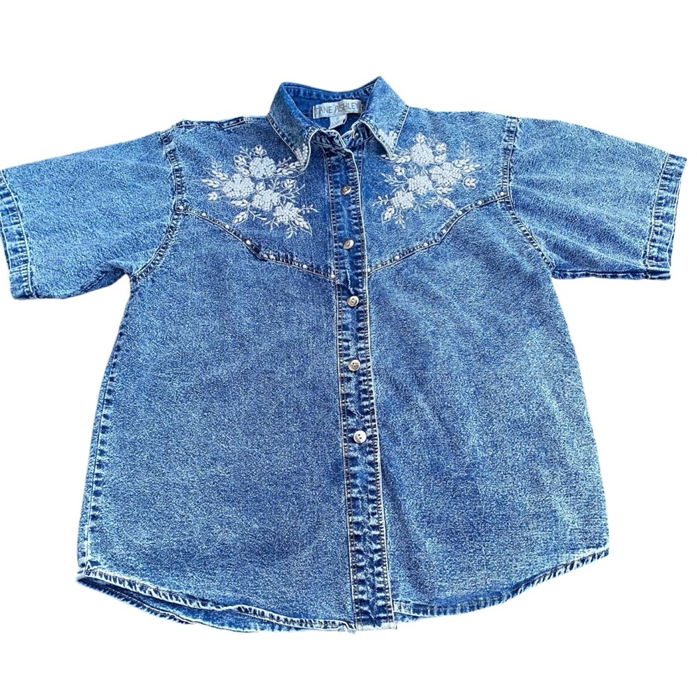 Vintage 80s 90s Western Acid Wash Pearl Embellished Short Sleeve Casual Shirt